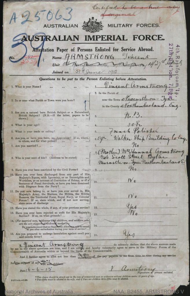 Example Eng Form 1927 Vincent Armstrong – Soccer Anzacs