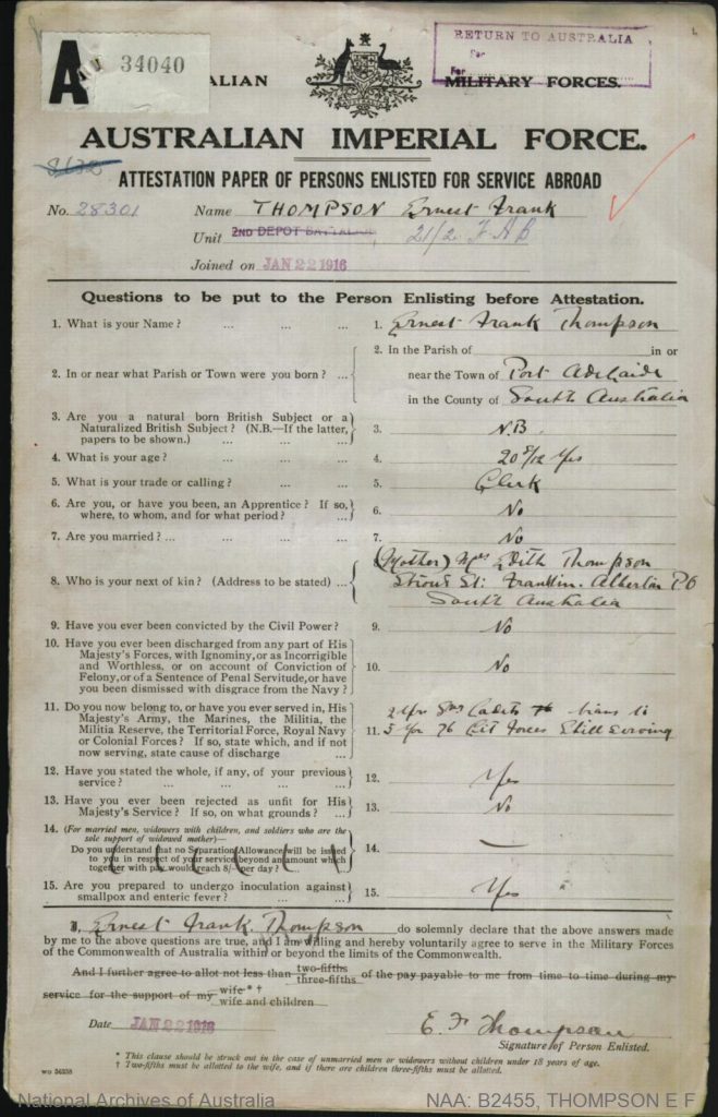 Example Eng Form 1927 Ernest Frank Thompson – Soccer Anzacs